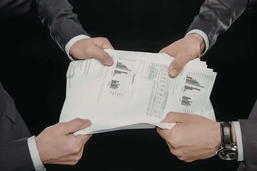Business professionals exchanging financial reports with charts