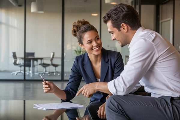 Two colleagues reviewing documents in modern office